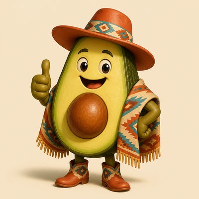 a happy avocado character giving a thumbs up, bold readable design on a plain background, no text