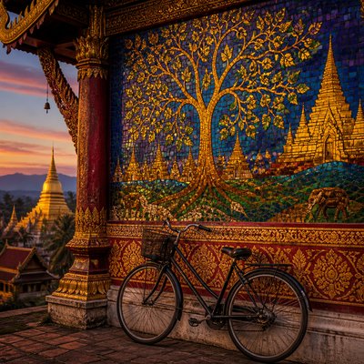 bicyle resting against a wall — Lao Art Style