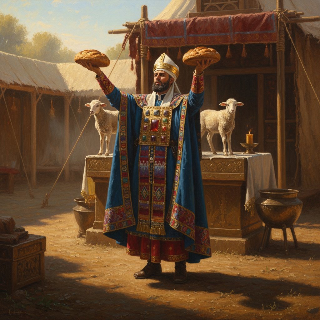 A hyper-detailed, photorealistic depiction of the High Priest of Israel performing the Feast of Weeks (Pentecost) wave offering. The High Priest is dressed in the complete set of holy vestments: a blue robe with golden bells and pomegranates on the hem, a colorful ephod, and a breastplate with twelve jewels. A golden plate engraved 'HOLINESS TO THE LORD' is tied to his linen mitre. He stands in the Tabernacle courtyard, facing the altar, holding the two leavened loaves of firstfruits and two male lambs high, performing the sacred wave offering ritual. Golden morning light, historically accurate setting, cinematic oil painting style.
