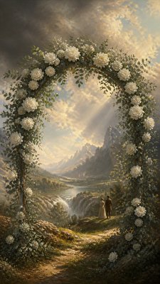 an arch of white roses and eucalyptus in soft morning light, elegant vertical composition with open space, no text