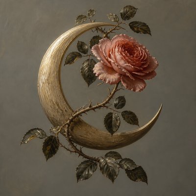 a rose entwined with a crescent moon, clean balanced composition on a plain background, no text