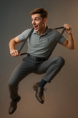 a man jumping in the air with a pair of suspenders