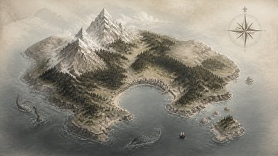 a map of an island realm with mountains, forests, a sheltered bay, sea monsters in the water and a compass rose, no text labels