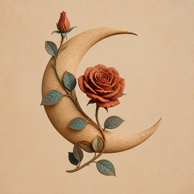 a rose entwined with a crescent moon, clean balanced composition on a plain background, no text