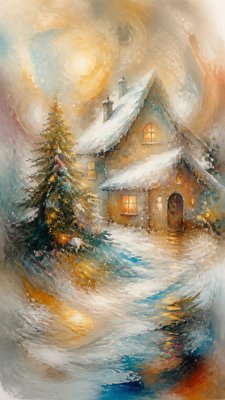 a snow-covered cottage with warm glowing windows beside a decorated pine tree, gentle snowfall, no text