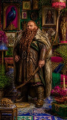 full-body original character: a dwarven ranger with a braided auburn beard, worn leather armor, a longbow and a wolf-pelt cloak, neutral background, no text