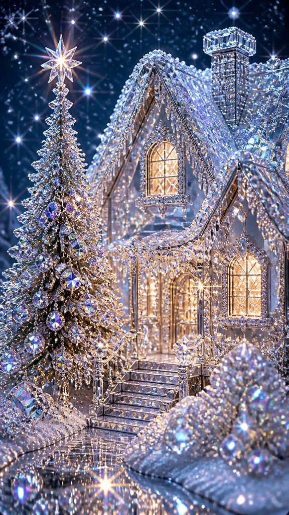 a snow-covered cottage with warm glowing windows beside a decorated pine tree, gentle snowfall, no text