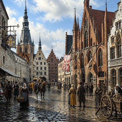 urban street with city activity — Estonian Art Style