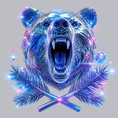a roaring bear head above crossed pine branches, bold graphic composition on a plain background, no text
