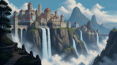 a cliffside city with waterfalls cascading into a misty canyon, wide establishing shot, no people, no text