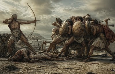 a painting of a group of men fighting over a dead man