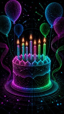 a birthday cake with lit candles surrounded by balloons and confetti, festive vertical composition, no text
