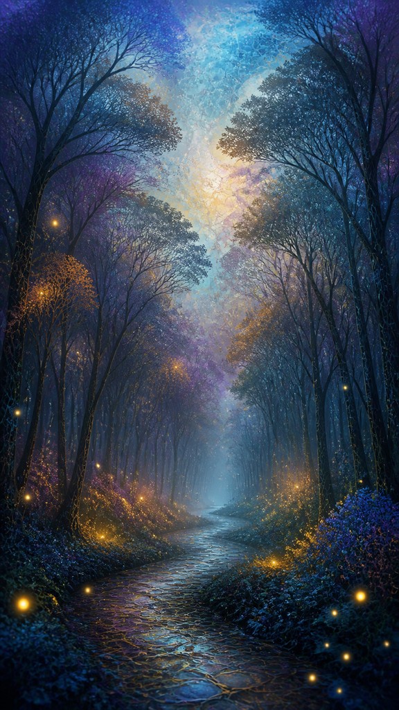 a mysterious forest path with fireflies and drifting mist, atmospheric vertical composition with open space at the top, no text