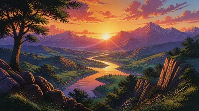 a vast valley with a river winding toward distant mountains at sunrise, no people, no text