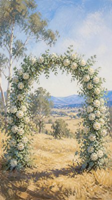 an arch of white roses and eucalyptus in soft morning light, elegant vertical composition with open space, no text