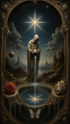 a robed figure pouring water beneath a large eight-pointed star in a night sky, symmetrical composition with an ornate decorative border, no text