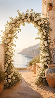 an arch of white roses and eucalyptus in soft morning light, elegant vertical composition with open space, no text