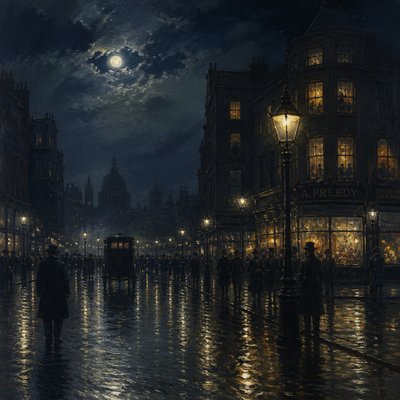 urban street with city activity — Nocturne Painting Style