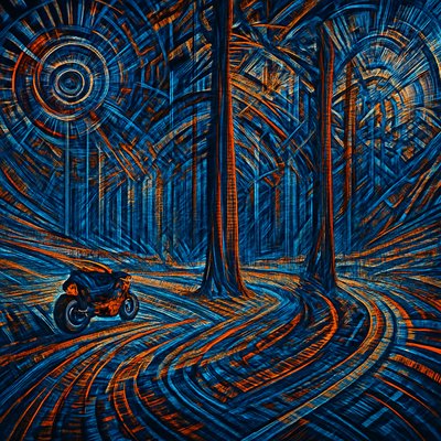 a painting of a motorcycle driving through a forest