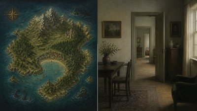 a map of an island realm with mountains, forests, a sheltered bay, sea monsters in the water and a compass rose, no text labels