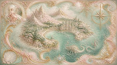 a map of an island realm with mountains, forests, a sheltered bay, sea monsters in the water and a compass rose, no text labels