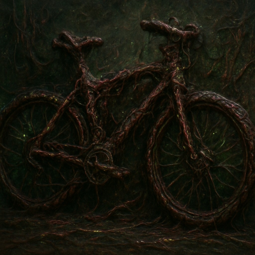 bicyle resting against a wall