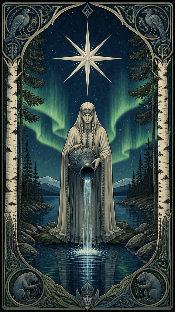 a robed figure pouring water beneath a large eight-pointed star in a night sky, symmetrical composition with an ornate decorative border, no text