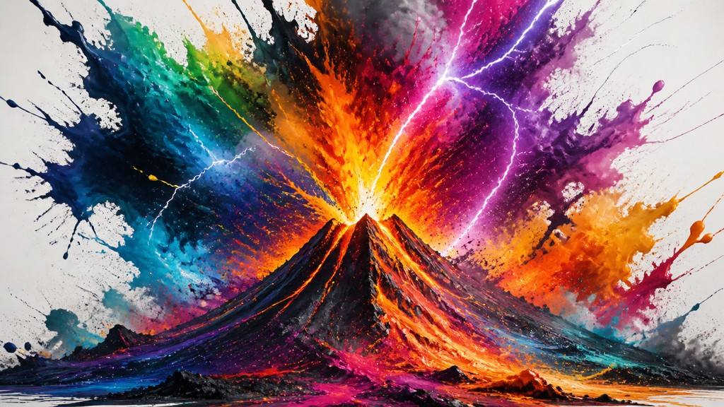 an erupting volcano with lightning strikes, dramatic wide composition, no text