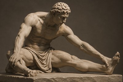 ancient greek athlete stretching both legs
