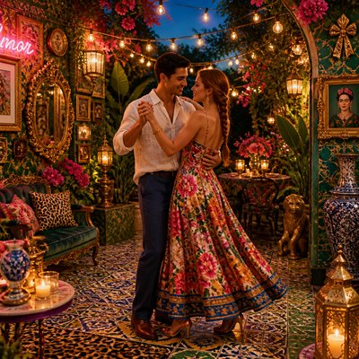 an original couple dancing under string lights in a garden at dusk: a man with short black hair in a linen shirt and a woman with braided red hair in a summer dress