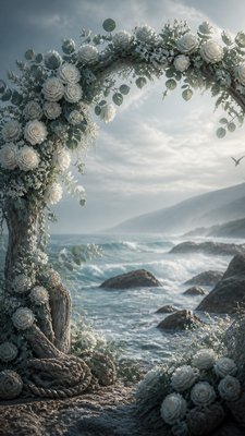 an arch of white roses and eucalyptus in soft morning light, elegant vertical composition with open space, no text