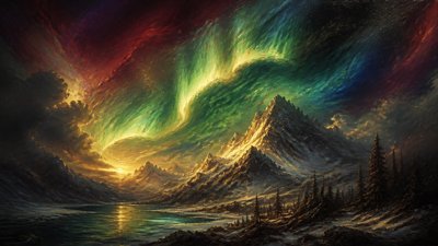 a flowing aurora over snowy peaks, wide sweeping composition, no people, no text