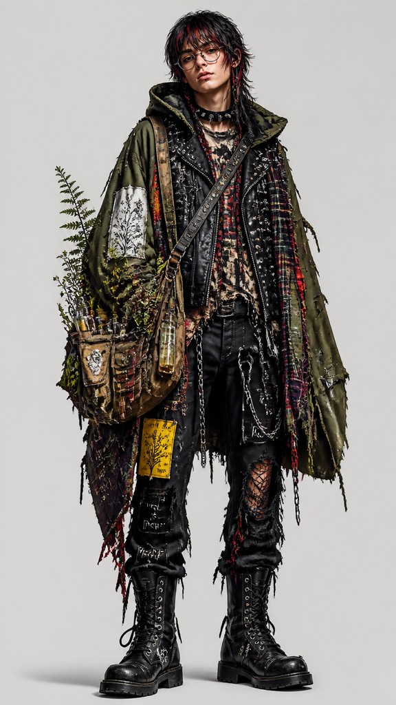 full-body original character: a wandering botanist with a satchel of plants, a patched green cloak, tall boots and round glasses, neutral background