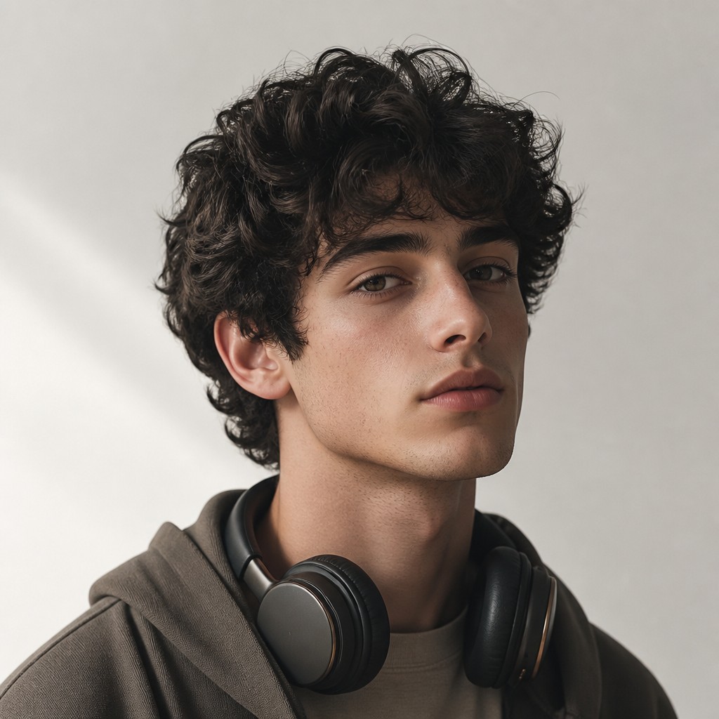 head-and-shoulders portrait of an original character: a young man with curly dark hair and headphones around his neck, plain backdrop, no text
