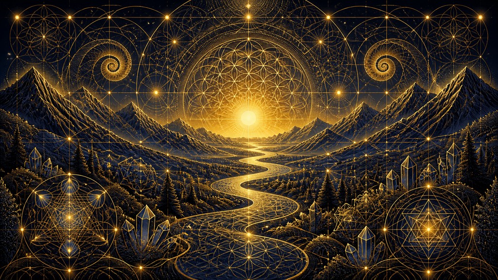 a vast valley with a river winding toward distant mountains at sunrise, no people, no text