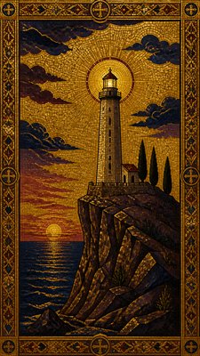 a lone lighthouse on a cliff at dusk under a dramatic sky, no text or lettering