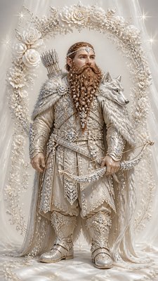 full-body original character: a dwarven ranger with a braided auburn beard, worn leather armor, a longbow and a wolf-pelt cloak, neutral background, no text