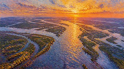 a wide river delta seen from above at sunset, no people