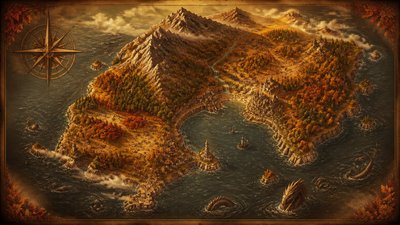 a map of an island realm with mountains, forests, a sheltered bay, sea monsters in the water and a compass rose, no text labels