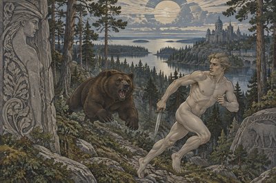 Helsinki male ignudi athlete holding a dagger flees from a bear in the forest