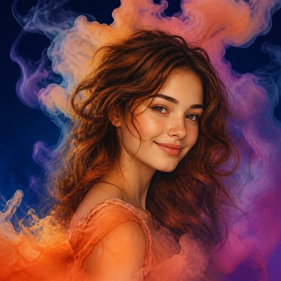 head-and-shoulders portrait of an original character: a young woman with wavy chestnut hair and a warm smile, plain soft backdrop