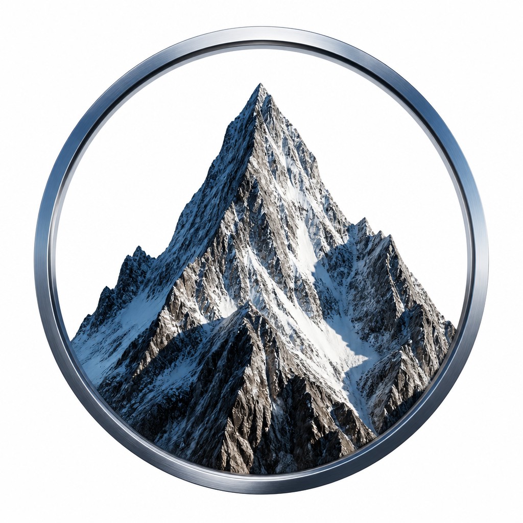 an emblem of a mountain peak inside a circle, simple bold shapes on a plain background, no text or lettering