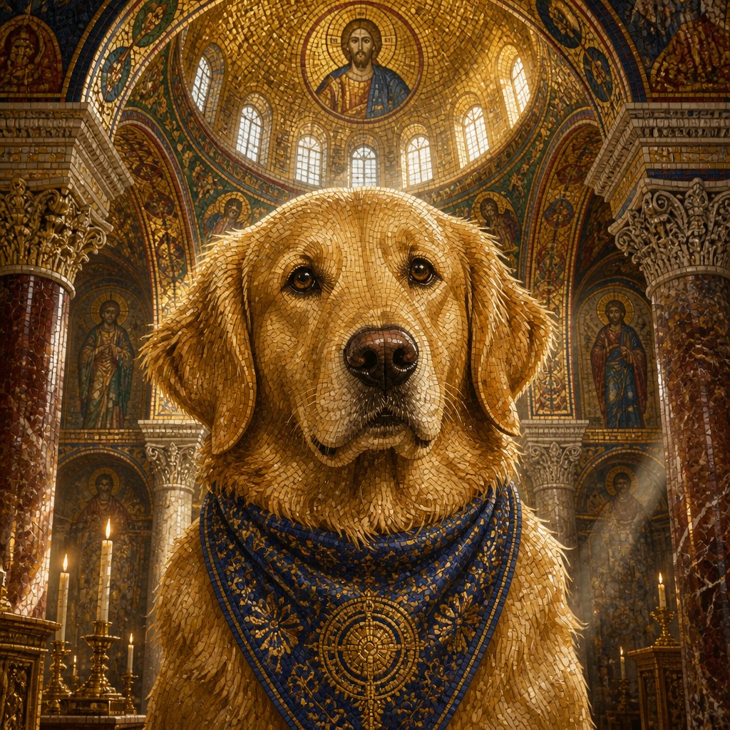 portrait of a golden retriever wearing a blue bandana, warm plain backdrop, no text