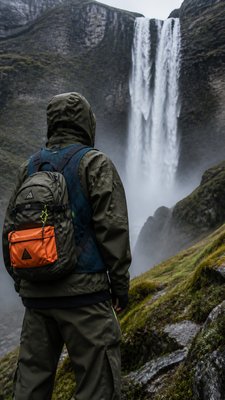 towering waterfall cascading down a cliff