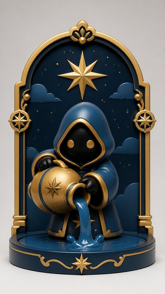 a robed figure pouring water beneath a large eight-pointed star in a night sky, symmetrical composition with an ornate decorative border, no text