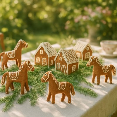 Create a long table dressed all in with fresh pine sprigs and Gingerbread Horse Village
a village of tiny gingerbread horses, little houses made of cookie and icing, warm golden bakery glow, cinnamon and molasses textures, holiday whimsy, soft shadowing, charming handcrafted style, cinematic close-up composition
