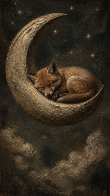 a sleeping baby fox curled on a crescent moon among soft stars, gentle and warm, no text