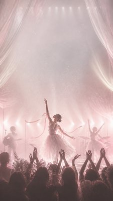 a live music scene with a glowing stage and silhouetted crowd, energetic vertical composition with open space at the top, no text