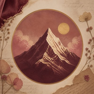 an emblem of a mountain peak inside a circle, simple bold shapes on a plain background, no text or lettering