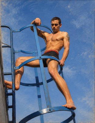 a man standing on top of a metal ladder